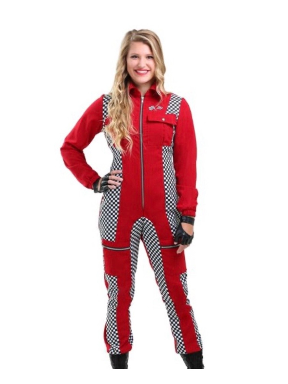 Race Car Driver Red Checkered Women's Jumpsuit Front Zip Costume Cosplay NWT